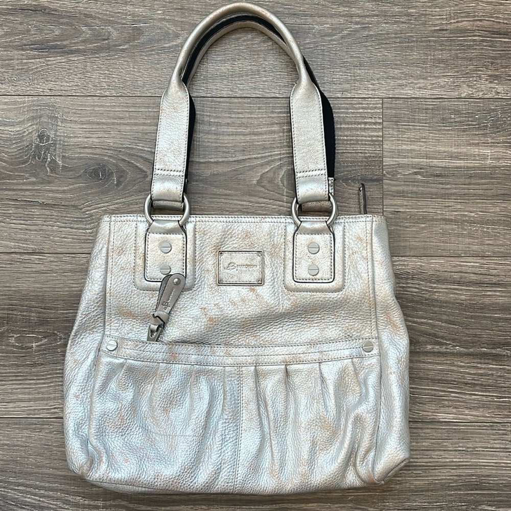 B. Makowsky Metallic Silver Copper Distressed Leather Shoulder Bag